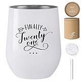 Finally 21-12 oz Stainless Steel Stemless Wine Tumbler with Lid and Straw - 21st Birthday Gifts For Her - Celebrate Turning Twenty One (White)