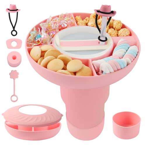 Luxoraiova Plato para aperitivos con tapa, cuenco para aperitivos Stanley Cup 40 oz, plato de aperitivos con compartimentos, plato de silicona para aperitivos, cubierta de pajita y protección contra