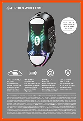 SteelSeries Aerox 9 Wireless Gaming Mouse  Ultra Lightweight MMO/MOBA  89g  18 Programmable Buttons  Bluetooth/2.4 GHz  IP54 Water Resistant  180 Hr Battery