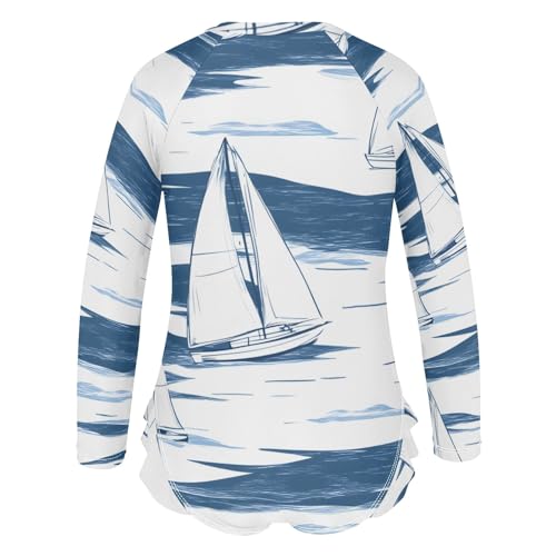 Girls One Piece Swimsuits White Boat Sailing in Sea Pattern Beach Swimwear Long Sleeve Bathing Suit3