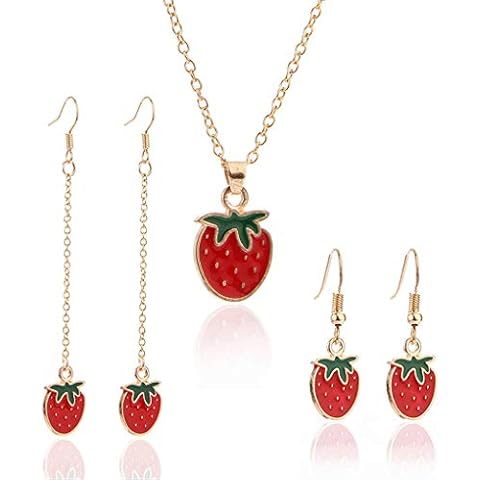 ZMJK Red Dripping Oil Cute Strawberry Earrings Necklace Set Sweet Small Fresh Fruit Strawberry Pendant Necklace Stud Earrings for Women (Red-01) Cover