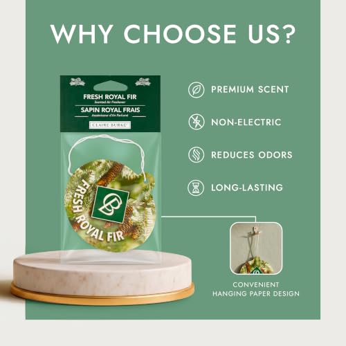 Image of Claire Burke Fresh Royal Fir Hanging Car Air Freshener - Luxury Scent, Long-Lasting Odor Neutralizer | Up to 30 Days | Made in USA | Strong Air Freshener for Car | Pack of 6