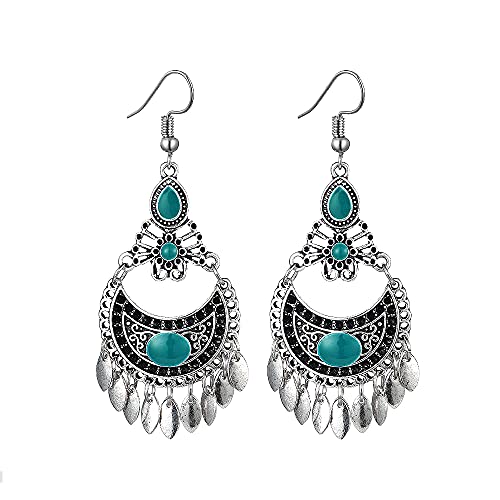 Retro Ethnic Fan Dangle Earring Antique Gypsy Enamel Hook Charms Earring Boho Long Drop Earrings For Women Girls Jewelry Gift (Blue) #TOP24