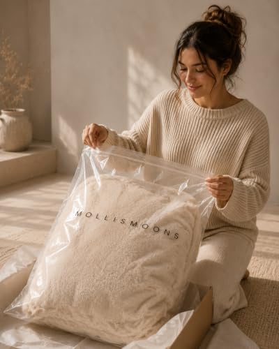 Image of Mollismoons Lounge Set | Luxury Faux Fur Bean Bag Chair + Round Floor Cushion | Ultra Soft Washable Cover Only (Without Beans) Signature Collection (Beige, Lounge Set)