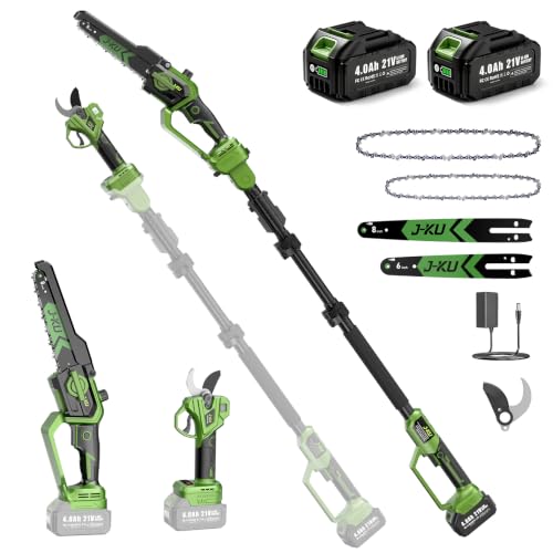 J-KU Podadora de Altura 4 en 1 a Batería, Mini Motosierra 20 cm (8") y Tijeras de Podar Eléctricas 35 mm, Pértiga Telescópica hasta 2,6 m, 2×4000 mAh, Herramientas de Jardín