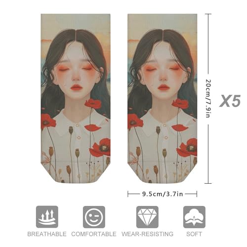 Long Hair Beauty Ankle Socks 5-Pack, Breathable Casual Athletic Socks for Women Men, One Size (6-11)2