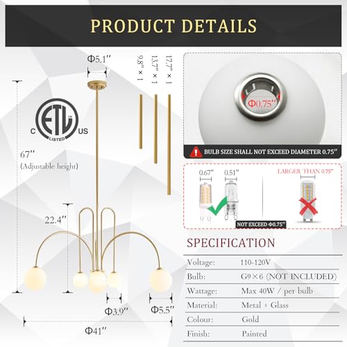 Gold Sputnik Chandelier,6 Lights Large Modern Chandelier L40”Mid Century Long Ceiling Pendant Light Fixtures for Dining Room with Milk Glass Globe Shades for High Ceiling Foyer Living Room
