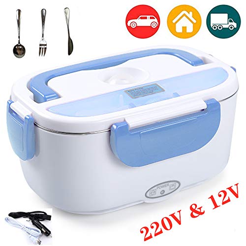 Diker Lunch Box Elettrico 2 in 1Scaldavivande per L'Ufficio, casa, Scuola， 12V e 220V 40W 1.5L Lunch Box Porta Pranzo di Acciaio Inossidabile Termo Portatile con Cucchiaio e Due Scomparti (Blu)