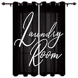 Simple Word Art White Laundry Room Window Curtains with Grommets Kitchen Drapes, Pure Black 2 Panels...