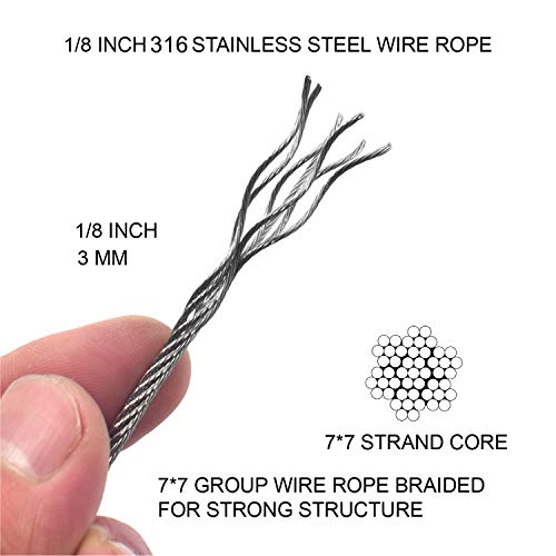 1/8 Inch Stainless Steel Wire Rope,Cozysmart 165 Feet T316 Railing Decking Cable With 6 Wire Rope Clamps,7X7 Strand For Balustrade Decking Handrail Outdoor Hanging #TOP2