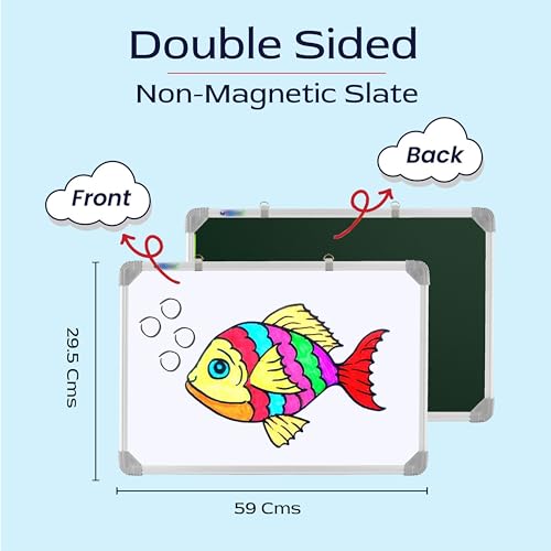 Image of Eduway Non Magnetic 2 in 1 Learn N Write 1x2 Feet Slate for Kids | Double Sided Front for Chalk & Reverse Dry Erase Marker Board with PVC Corners | Learning for Kids (29x59 Cms),(Green, White)