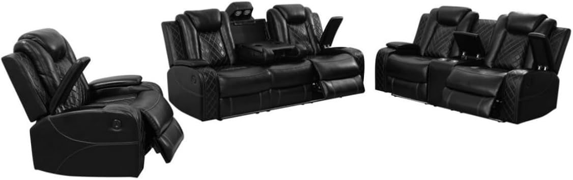 Electric Power Recliner Chair/Loveseat/Sofa Living Room, Comfy Home Theater Breathing Leather Seating with USB 2.0 Charging Ports, LED Light Strips, Fold-Down Table & Cupholders Black, 3-piece