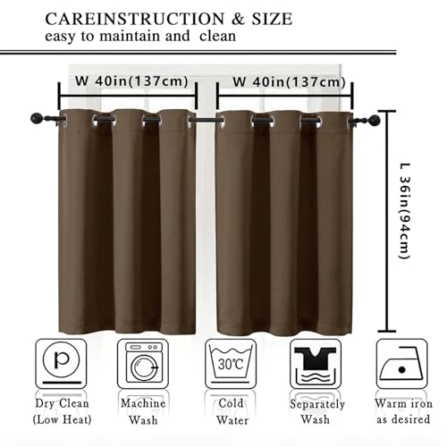 Image of Simplebrand Brown Short Cafe Curtains 36 Inch Length 2 Panels Set, Half Window Grommet Privacy Drape Tiers for Kitchen, Thermal Insulated Room Darkening Curtains for Bathroom Shades, W40 x L36
