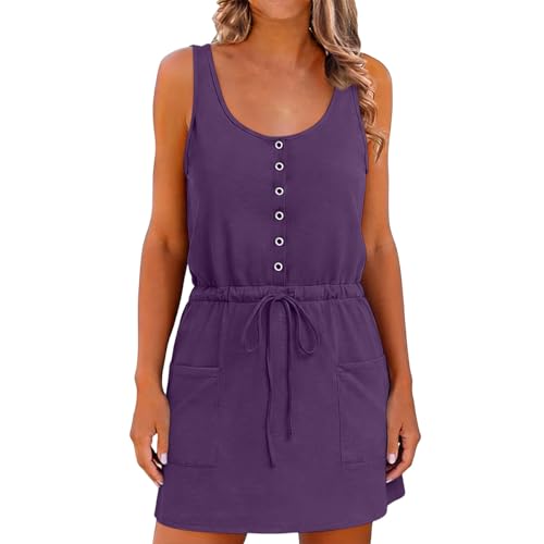 Women's Vacation Dresses Sleeveless Casual Tank Dress with Pockets Drawstring Waist Beach Dress Beavh Travel Outfits