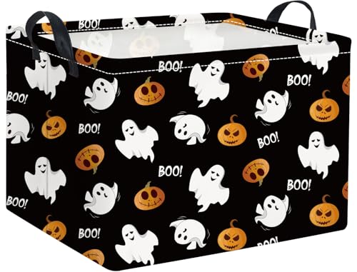 TIBAOLOVER Rectangular Halloween Basket for Kids Cute Pumpkin Basket Storage Bin Organizer Box Room Decor for Halloween Parties(Black Boo)