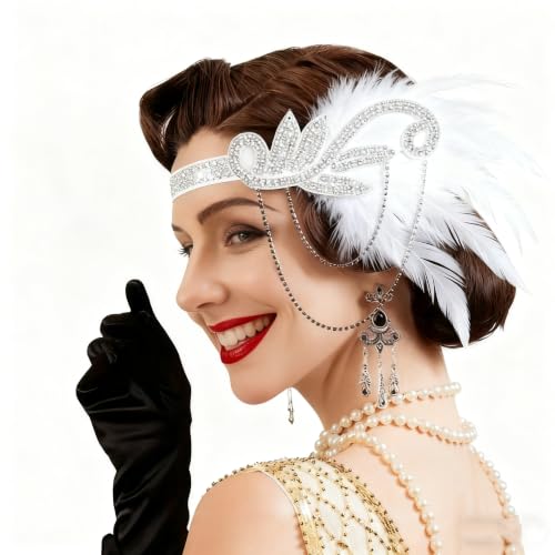 Tongcloud 1920s Flapper Feather Headband with Rhinestones Beaded Great Gatsby Headpiece for Women Showgirl Halloween Cosplay Party (White, Medium)