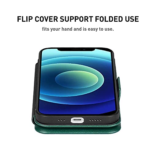 Image of PULOKA for iPhone 14 Plus - Sleek Flip Case - Premium Vegan Leather Phone Cover with Card Slot - Slim, Durable, Privacy Protection - Kickstand Function - Elegant Flip Wallet Cases for Apple - Green