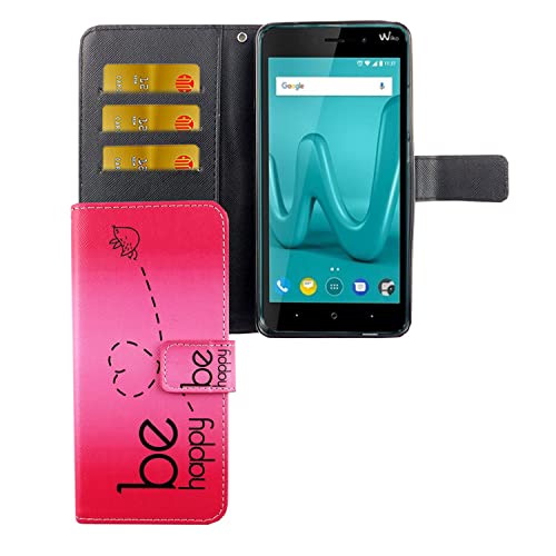 König Design Handyhülle für Wiko Lenny 4 Plus Kunstlederhülle mit Kartenfächer, Schutzhülle mit Standfunktion, Klapphülle Tasche - Rosa - Be Happy