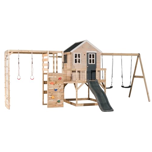 Wendi Toys M28-G Stelzenhaus mit Rutsche, Doppelschaukel und Kletterwand aus FSC-Holz, Spielhaus Kinder Outdoor Garten mit Plattform 90, 120 cm, Kletternetz, Turnringe, 342×563×242 cm