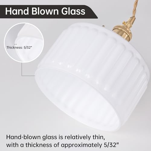 Image of Shenmoyl Plug in Pendant Light Hanging Light Fixtures with Plugin Cord On /Off Switch,White Striped Glass Lampshade Brass Pendant Light