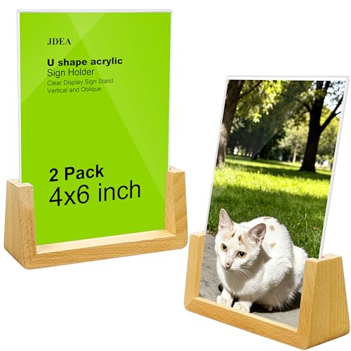 JDEA 2 Pack 4x6 U-shaped Acrylic Sign Holder with Wood Base Menu Holder Flyer Holder Poster Stand Photo Stand (4*6)