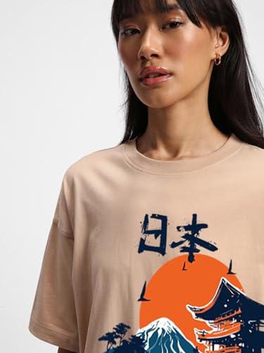 Image of JUNEBERRY 100% Pure Cotton Oversized Loose Fit Half Sleeve Cool Front Chest Graphic Printed Round Neck Drop Shoulder T-Shirt for Women S to 2XL