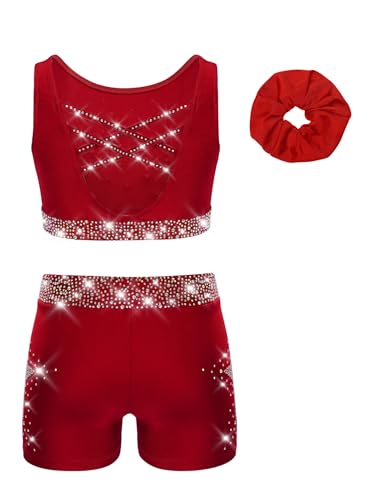 Kids Girls 3 Piece Gymnastic Dance Outfit Crop Top With Booty Shorts Hair Band Set For Yoga Training Burgundy 16 Years2