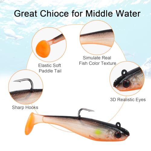 6 Pcs Soft Plastic Baits Lures Swimbaits with Hooks and T Tail for Pike Trout, Perch Bass Fishing Jigs Artificial Bait for Saltwater Freshwater Trout Catfish Pike Perch - Image 4