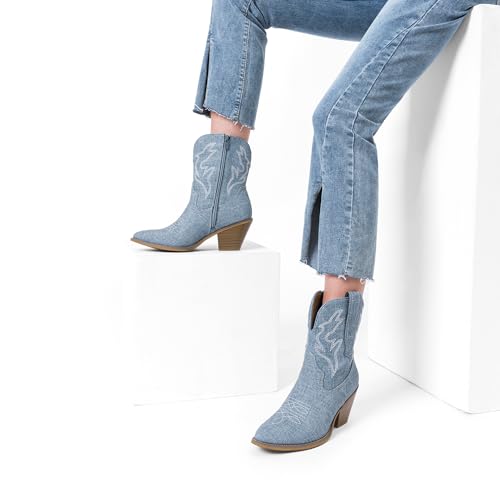 DREAM PAIRS DREAM PAIRS Women's Cowboy Ankle Boots Western Booties Low Heel Pointed Toe Cowgirl Boots,Size 6,Denim Blue,SDAB2302W