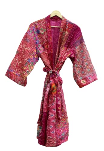 Rajbhoomi Traje kimono de mujer hecho a mano rosa patola kantha edredón cuerpo calentador abrigo rob patchwork abrigo chaqueta Cover