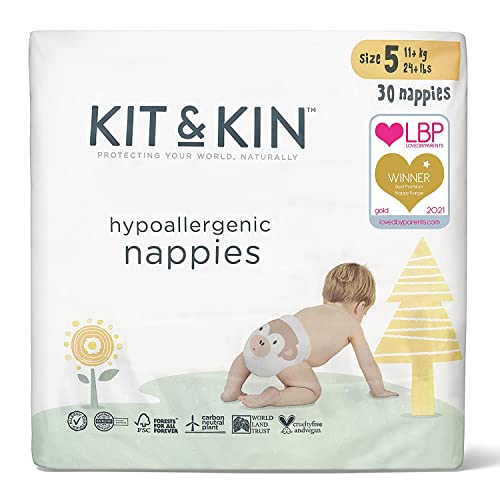 Kit & Kin Pañales ecológicos tamaño 5, hipoalergénicos y sostenibles Koala & Monkey (30 x 6 paquetes, 180 servilletas)
