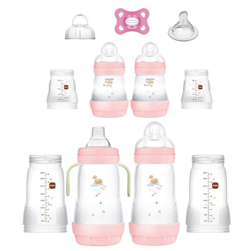 Image of MAM Grow with Baby 15-Piece Gift Set, Newborn 0-4 Months, Anti-Colic Bottles and Silicone Nipples SkinSoft, Essential Baby Items, Girl