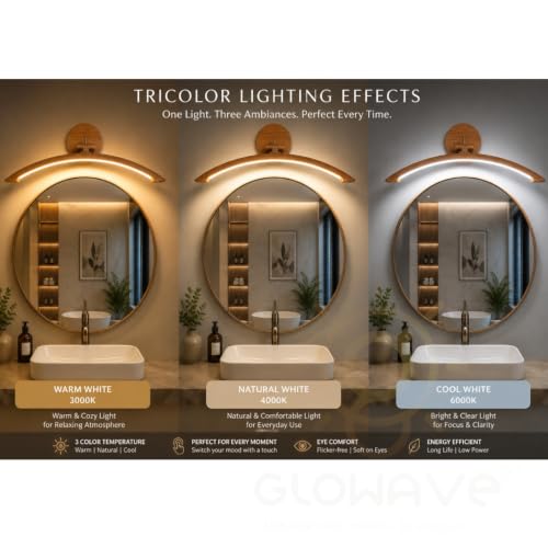 Image of Glowave Modern Curved Wooden Finish LED Mirror Light for Bedroom & Bathroom - Tricolour (Warm White, White, Natural White) (876-WD)