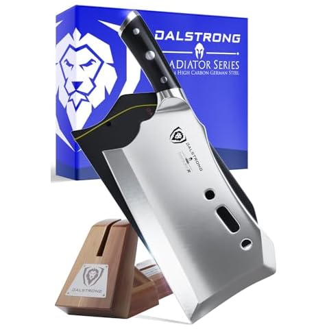 Dalstrong Obliterator Meat & Veggie Cleaver Knife - 9 inch - Gladiator Series R - Wood Stand & Sheath Cover - Razor Sharp Heavy Duty Bone Chopper- 3lbs 6mm Thick - 7CR17MOV Carbon Steel - G10 Handle Cover