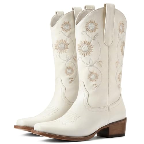 Image of Cowboy Boots for Women - Mid Calf Western Sunflower Cowgirl Boots with Floral Embroidery, Square Toe Stitched Pull On Retro Design, Perfect for Country Idyll, Concerts and More