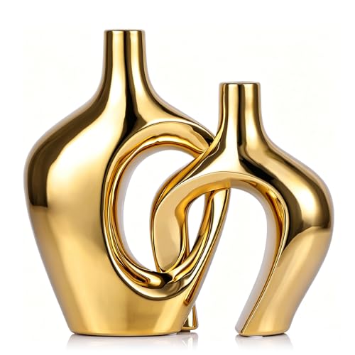 Gold Hollow Ceramic Vases Set of 2 - Modern Nordic