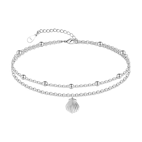 Image of CHIC & ARTSY 925 Sterling Silver Ankle Bracelets for Women, Adjustable Layered Foot Chains with Nature & Symbol Charms, Lightweight Comfort Fit Boho Beach Everyday Jewelry