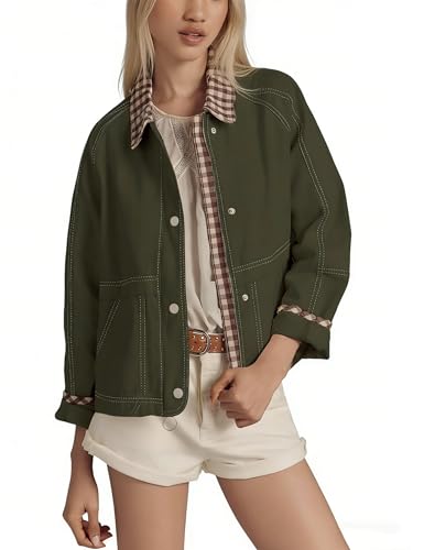 Aimiray Women's Oversized Plaid Jacket Lapel Button Down Casual Shacket Coats with Side Pockets