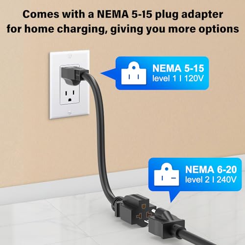 J&D Level 1-2 EV Charger, Portable Electric Vehicle Charger, NEMA 6-20 Plug with NEMA 5-15 Adapter, 110-240V 16A SAE J1772 Standard, 25 Feet