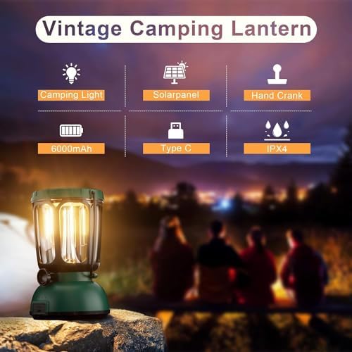 Solar Camping Lantern, 6000 mAh LED Camping Light with 650 Lumens Cold and Warm Light, Portable Tent Light with IPX4 Waterproof, Emergency Wind Up Lantern for Power Outage and Outdoor Hiking Fishing
