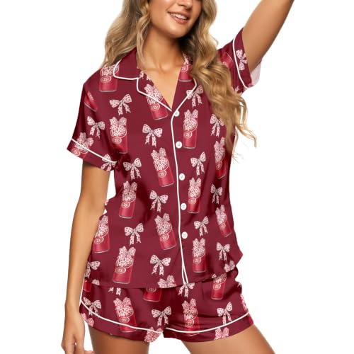 Image of Women 2PCs Satin Pajama Set Short Sleeve Silk Feel Gift Sleepwear