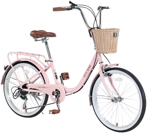 22 Inch 26 Inch City Bike Beach Cruiser Bike for Women, 7 Speed Commute Bike for Adults, Womens Bicycle with Basket Seat, Multiple Color