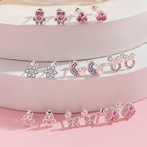LOUMILEO 8Pairs Silver Stud Earrings for Women S925 Sterling Silver Stud Earrings for Girls Cute Deer Butterfly Heart Silver Studs with Cubic Zirconia Hypoallergenic Small Studs Earrings Set