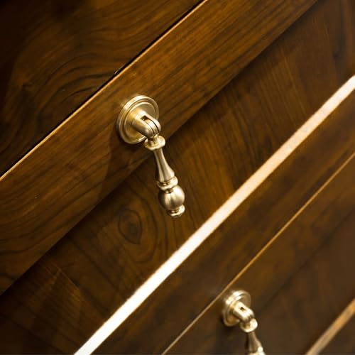 Roowest 6 Pack Solid Brass Drop Cabinet Pulls 2.5 Inch, Brushed Gold Cabinet Knobs for Dresser and Drawers, Decorative Vintage Brass Cupboard Knob Durable Pendant Knobs for Kitchen Cabinets Wardrobe by Roowest - Used condition - Image 6