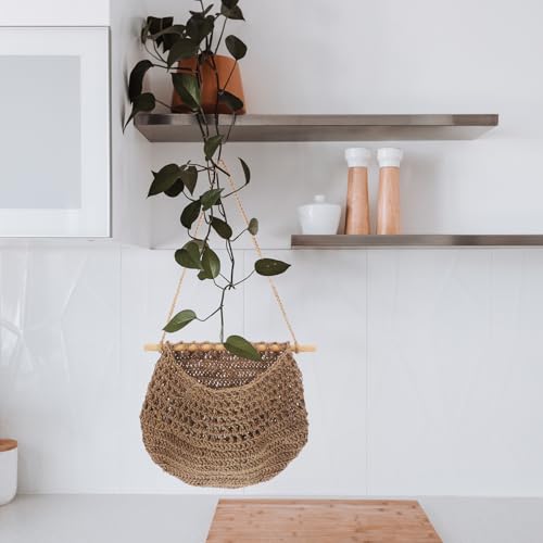 Cesta colgante tejida de planta marrón LALAFINA para frutas con diseño bohemio estable de cocina 6