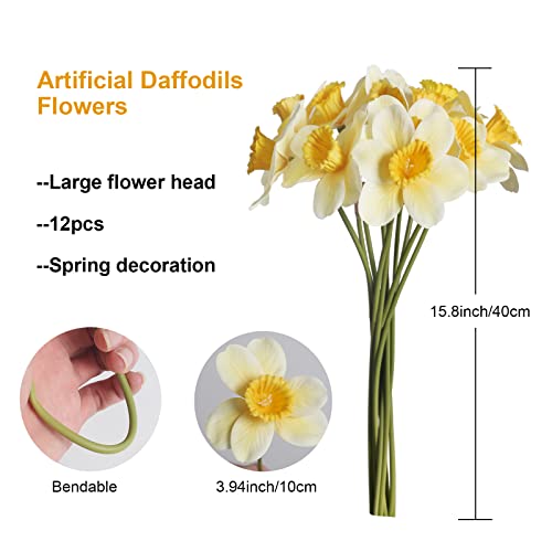 Gtidea 12Pcs Artificial Flowers Daffodils Flowers 16“ Yellow Fake Spring Flowers Real Touch Flowers Silk Floral Arrangement For Home Window Room Table Wedding Decor #TOP1