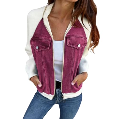 Jeanshemd Damen Langarm Reißverschluss College Baseball Jeansjacke Lässige Trendjacke für den Alltag Lila Weiß 5XL