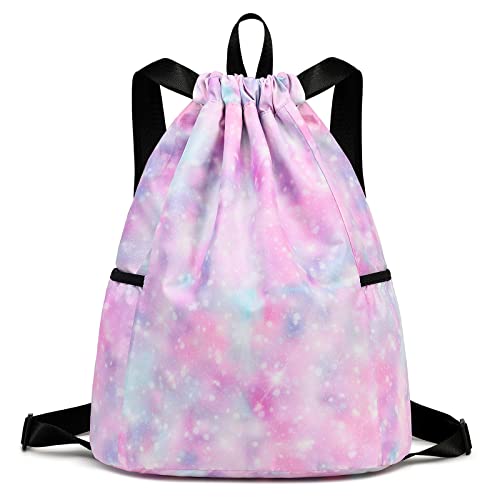 Ryushoyo Kids drawstring bag swim Cloth storage bag for boys and girls sports beach camp backpack Galaxy Pink
