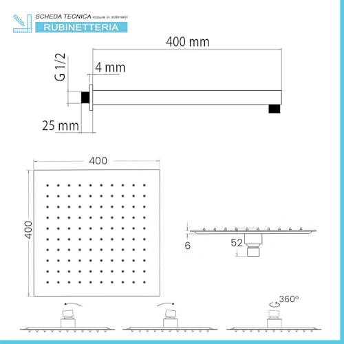 Kit Doccia Cromato Lucido Con Braccio 40 Cm E Soffione Quadrato 40X40 Cm, In Acciaio Inox Con Snodo Orientabile E Ugelli Anticalcare - 2