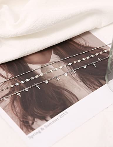 Cross Gold Ankle Bracelets For Women 14K Gold Plated Anklet Silver Crystal Cubic Zirconia Anklet Bead Oval Coin Disc Handmade Chain Dainty Layered Anklet Set 3Pcs #TOP4